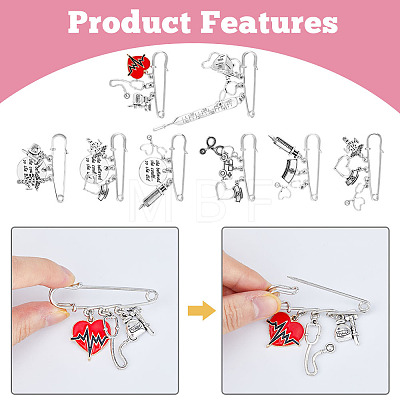 8Pcs 8 Style Nurse's Cap & Infusion Bottle & Caduceus Alloy Charms Safety Pin Brooch JEWB-FH0001-24-1