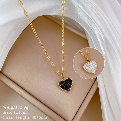 Double-Sided Polymer Clay Crystal & Jet Rhinestone Heart Pendant 304 Stainless Steel Dapped Chain Necklaces for Women WGED9DB-01-1