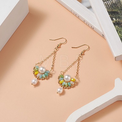 Natural Pearl & Glass Teardrop with Flower Dangle Earrings EJEW-TA00222-02-1