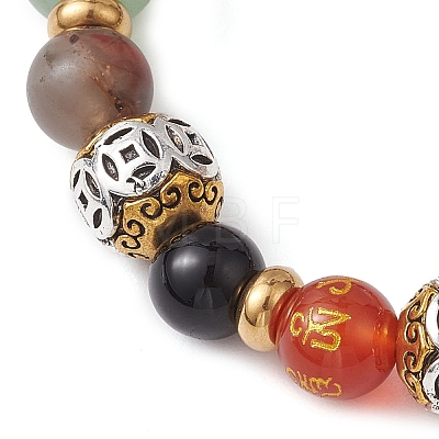 Round Natural Black Onyx & Natural African Bloodstone & Rhodonite & Green Aventurine & Om Mani Carnelian & Coin Round Alloy Beaded Stretch Bracelets BJEW-JB10722-1