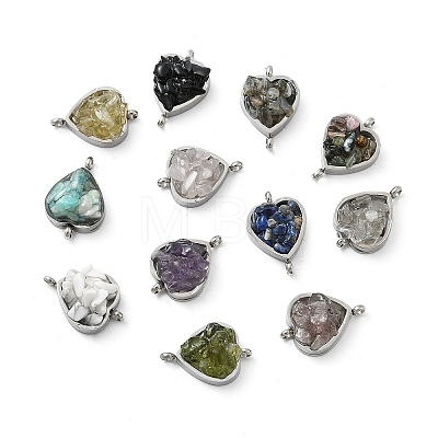 Natural Mixed Gemstone Chip 304 Stainless Steel Heart Connector Charms KK-P300-31P-1