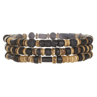3Pcs 3 Styles Wood & Natural Coconut Round & Rondelle Beaded Stretch Bracelets for Men FS-WG2D57B-01-1