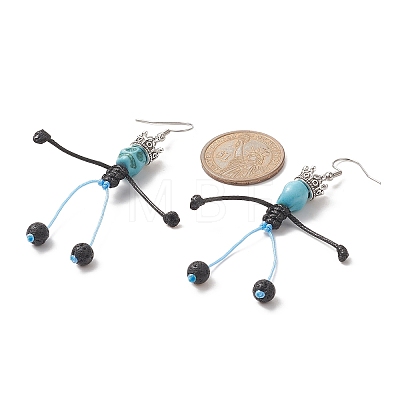 Synthetic Turquoise & Natural Lava Rock Braided Skeleton Dangle Earrings EJEW-TA00226-03-1