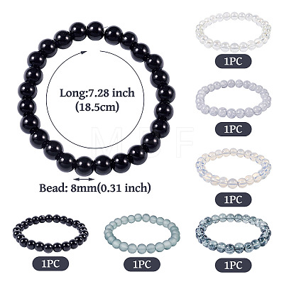6Pcs 6 Styles 8mm Glass Round Beaded Stretch Bracelet Sets BJEW-TAC0024-1