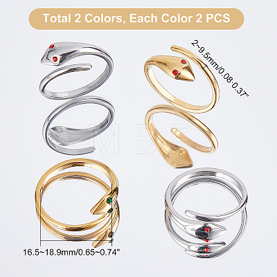   4Pcs 2 Colors 304 Stainless Steel Snake Wrap Open Cuff Ring with Rhinestone for Women RJEW-PH0001-09-1