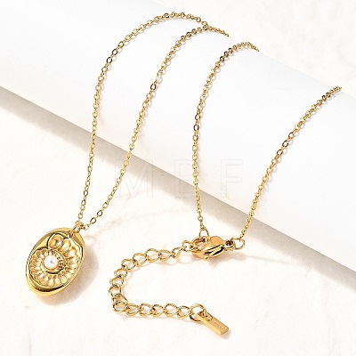 304 Stainless Steel Oval with Shell Shape Pendant Necklaces for Women NJEW-Z091-12G-1