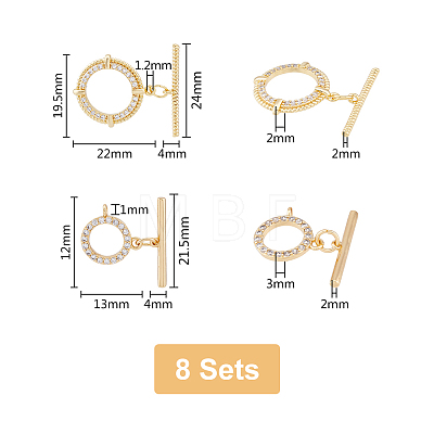 8 Sets 2 Styles Brass Micro Pave Clear Cubic Zirconia Toggle Clasps KK-DC0003-40-1