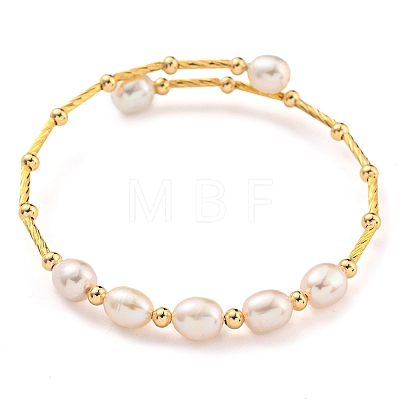 Brass & Natural Freshwater Pearl Beads Open Cuff Bangles for Women BJEW-F470-03G-01-1