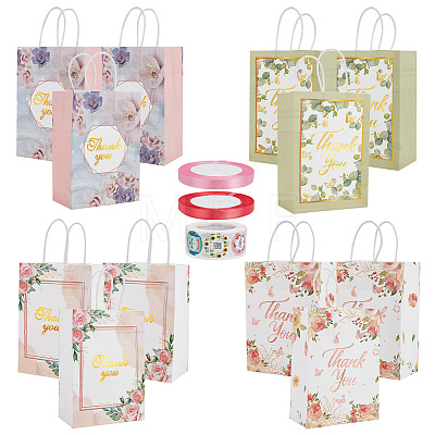 DELORIGIN 12Pcs 4 Colors Mother's Day Theme Flower Print Paper Handle Bags CARB-DR0001-01-1
