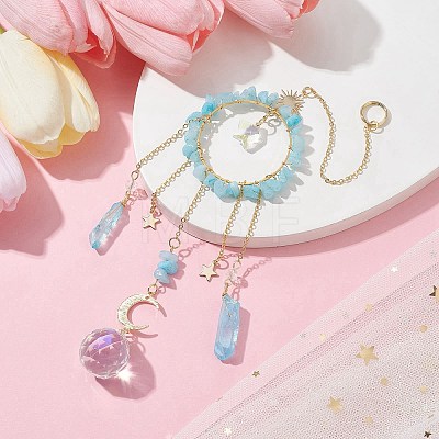 Natural Dyed Jade Imitation Aquamarine Chip Pendant Decorations with Brass Moon & Cable Chain & Electroplated Quartz Crystal Tassel HJEW-JM01650-02-1