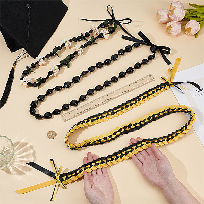 2Pcs Graduation Acrylic & Resin Heart & Natural Cowrie Shell Beaded Tie Knot Necklaces with 1Pc Polyester Braided Ribbon AJEW-OC0016-15-1