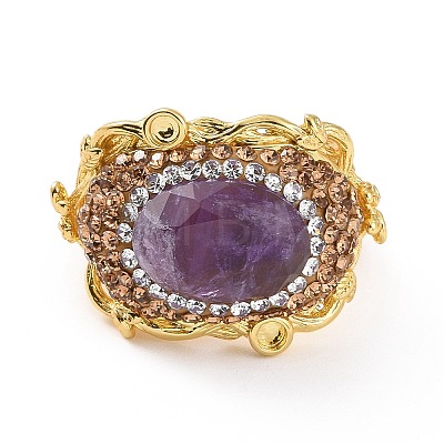 Natural Amethyst Oval Open Cuff Ring with Rhinestone RJEW-A011-08G-1