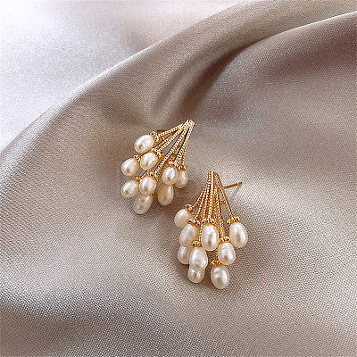 Alloy & Plastic Pearl Tassel Stud Earrings WGB404F-01-1