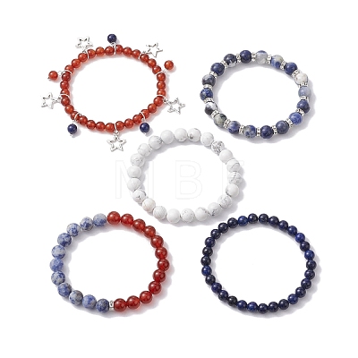 5Pcs 5 Style Natural Mixed Gemstone Round Beaded Stretch Bracelets Set BJEW-TA00435-1
