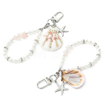 Round Shell Pearl & Natural Rose Quartz Chips Beads Pendant Decorations HJEW-TA00458-1