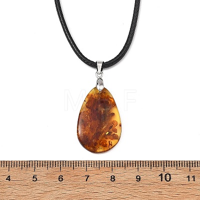 Natural Amber Teardrop Pendant Black Imitation Leather Cord Necklaces for Women NJEW-JN06318-1