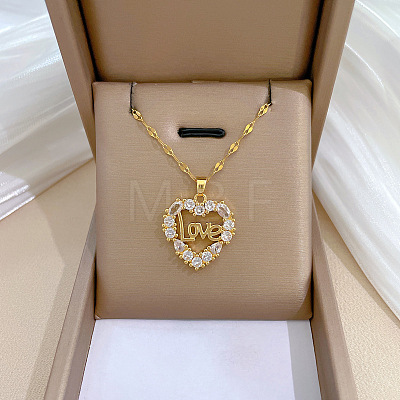 Heart with Word Love Brass with Rhinestone Pendant Necklaces NJEW-Z026-04G-1