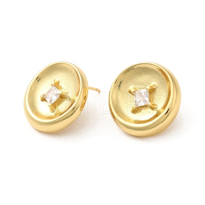 Rack Plating Brass with Cubic Zirconia Flat Round Stud Earrings EJEW-G382-25G-1