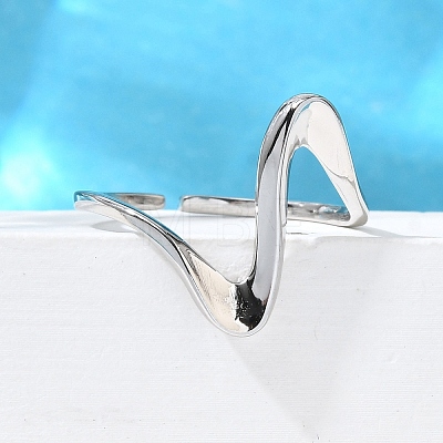 Rhodium Plated 925 Sterling Silver Wave Cuff Rings RJEW-D300-02P-1