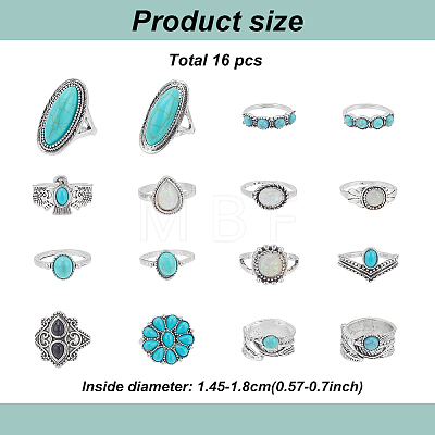 16Pcs 16 Style Flower & Oval & Eagle & Teardrop & Feather Synthetic Turquoise Finger Rings Set RJEW-AN0001-06-1