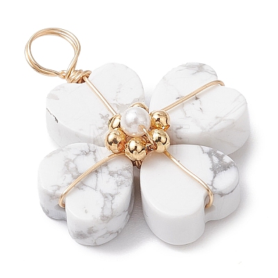 Natural Howlite Clover Pendants PALLOY-JF03180-01-1