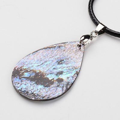 Teardrop Waxed Cord Natural Paua Shell Pendant Necklaces and Earrings Jewelry Sets SJEW-M088-02-1