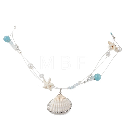 Electroplate Natural Shell Pendant Clear Nylon String 3-Strand Necklaces NJEW-TA00221-1