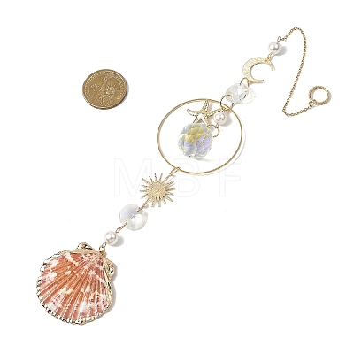 Electroplate Sea Shell & Glass Pendants Starfish Shell Hanging Suncatchers HJEW-JM04563-1