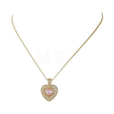 Brass Pave Pink Cubic Zirconia Heart Pendant Brass Curb Chain Necklace for Women NJEW-JN06484-02-1