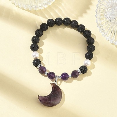 Natural Amethyst & Lava Rock & Shell Pearl Charm Bracelets BJEW-JB13705-1