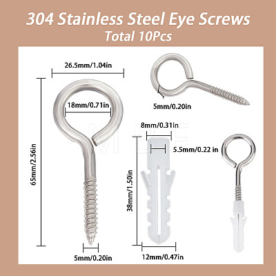 10 Sets 304 Stainless Steel Eye Bolts Screw in Hooks STAS-SC0005-21-1