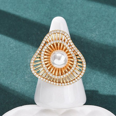 Adjustable Brass Micro Pave Clear Cubic Zirconia with ABS Plastic Pearl Cuff Rings RJEW-G368-04G-1