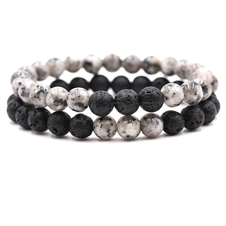 2Pcs 2 Styles Natural Sesame Jasper & Lava Rock Round Beaded Stretch Bracelets for Couple FS-WGA2A2E-14-1