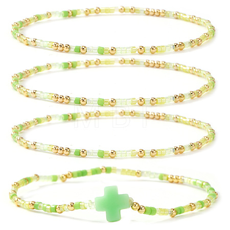 4Pcs Bohemian Summer Cross & Glass Seed Bead Beaded Stretch Bracelet Sets BE5944-1-1