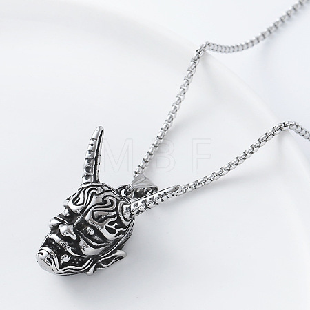 Punk Style 304 Stainless Steel Japanese Noh Mask Pendant Box Chain Necklaces for Men MI4934-1