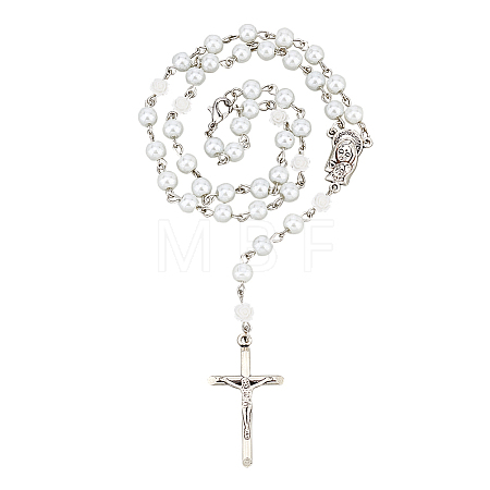 Glass Pearl & Resin Rose Rosary Bead Necklace NJEW-PH01478-1