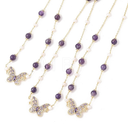 Natural Amethyst & Pearl Beaded Necklaces NJEW-L119-11G-1