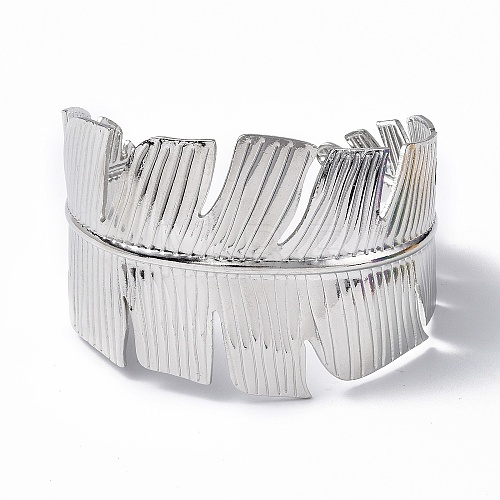 304 Stainless Steel Feather Open Cuff Bangle for Women BJEW-F442-01P-1