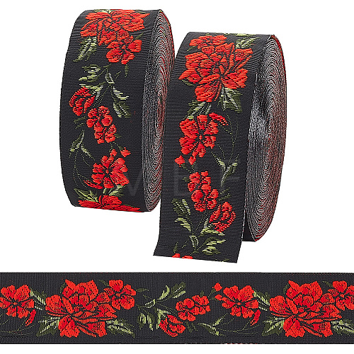 6.8M Flat Ethnic Style Polyester Jacquard Flower Ribbon OCOR-WH0082-133B-1