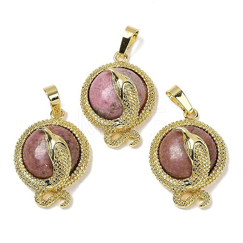 Natural Rhodonite Flat Round Shaped Brass Pendants KK-F887-03G-31-1