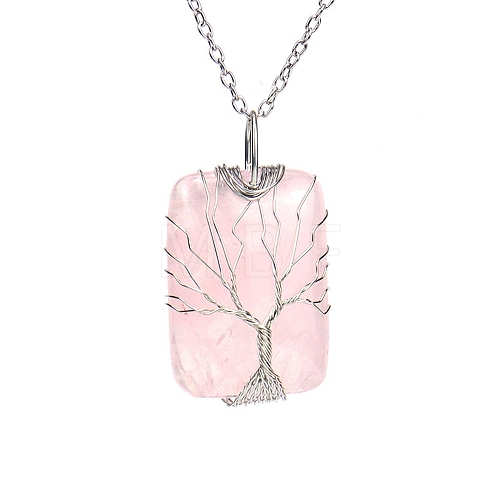 Natural Rose Quartz Pendant Necklace with Brass Cable Chains PW23042504462-1