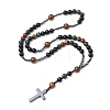 Natural Tiger Eye & Obsidian & Bloodstone Rosary Bead Necklaces NJEW-JN05114-01-4