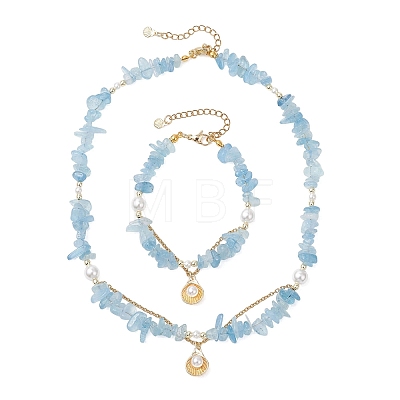 Natural Aquamarine Chips Beads Necklaces & Bracelets Sets for Women SJEW-JS01372-01-1