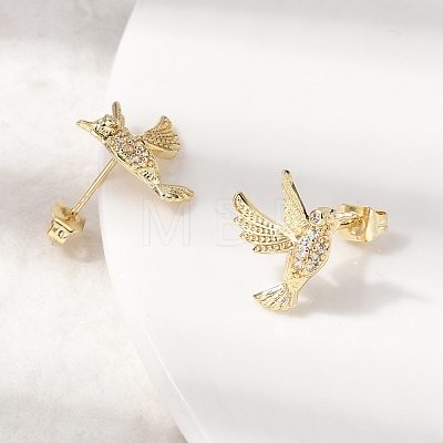 Hummingbird Brass Micro Pave Clear Cubic Zirconia Stud Earrings EJEW-L311-02G-1