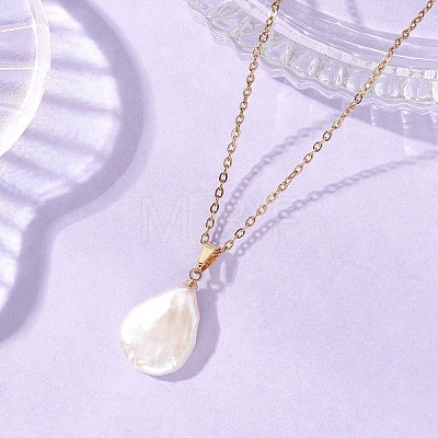 Baroque Natural Keshi Pearl Teardrop Pendant 304 Stainless Steel Cable Chain Necklaces for Women NJEW-JN05961-1