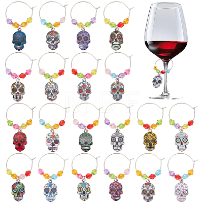 Alloy Enamel Sugar Skull Wine Glass Charms AJEW-PH01534-1