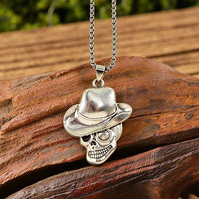 Halloween Zinc Alloy Cowbody Skull Pendant Necklaces for Unisex WGCDD93-01-1