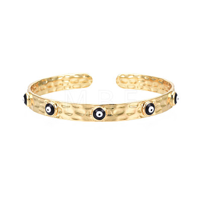 Real 18K Gold Plated Brass Open Cuff Bangle with Enamel Evil Eye for Women BJEW-Q023-014-1