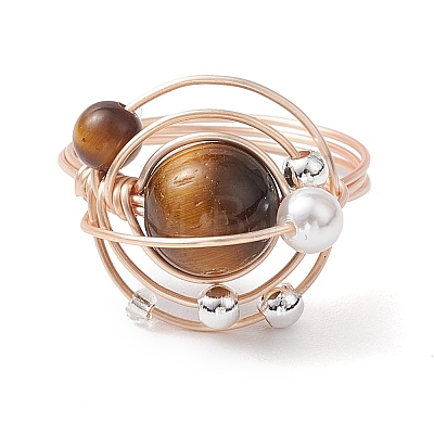 Planet Natural Tiger Eye Finger Rings RJEW-TA00170-01-1