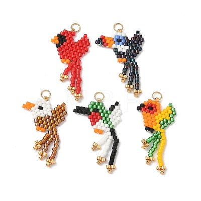 5Pcs 5 Colors Glass Seed Beaded Bird Pendants PALLOY-MZ00920-1